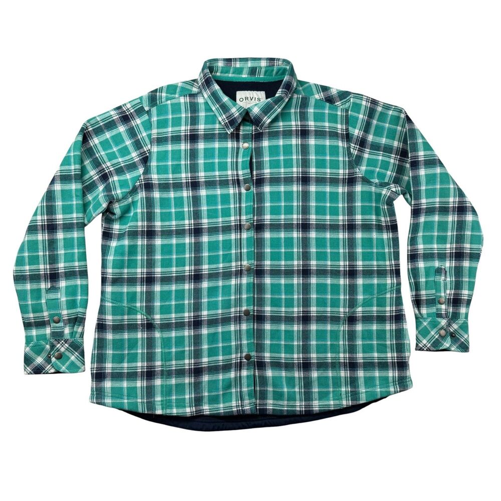 Orvis Jacket Women's XXL Green Blue Shacket Plaid Flannel Shirt Snap Button Top